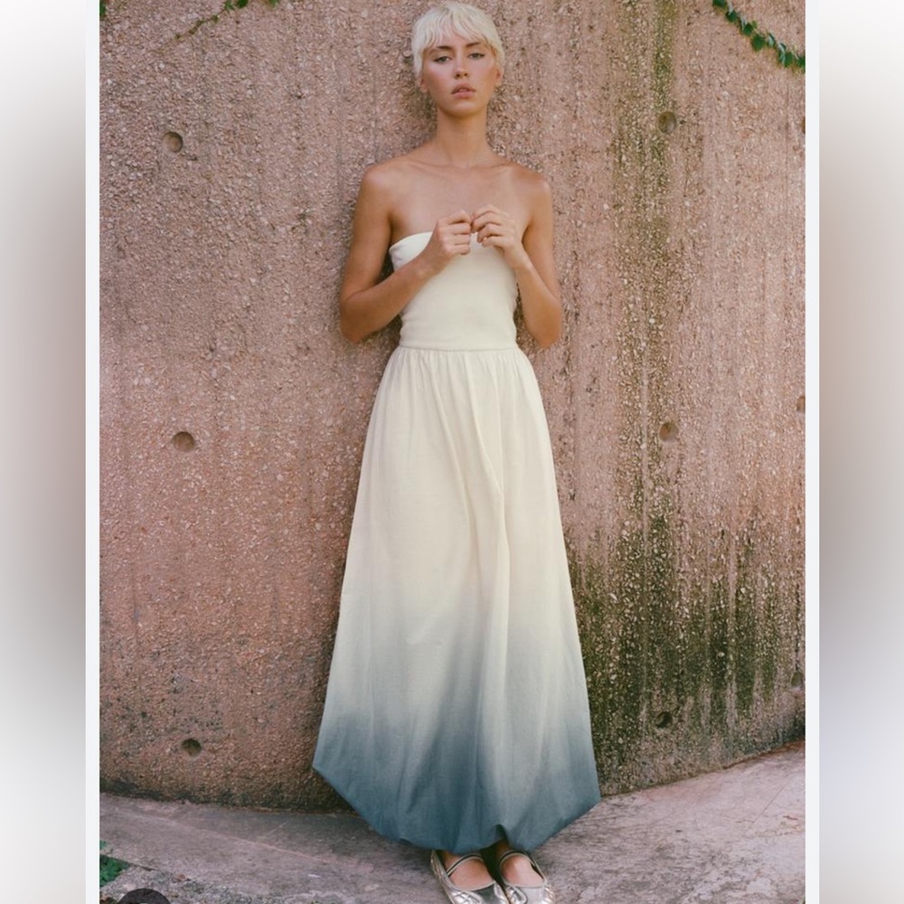 ZARA NEW WOMAN LONG BALLOON-HEM OFF-SHOULDER CONTRAST TIE-DYE DRESS SMALL